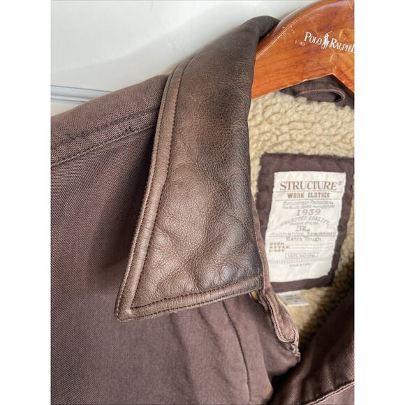 Vtg Structure Men's Chore Jacket Sz M Leather Collar Sherpa Lined Work Barn Farm - Picture 5 of 16